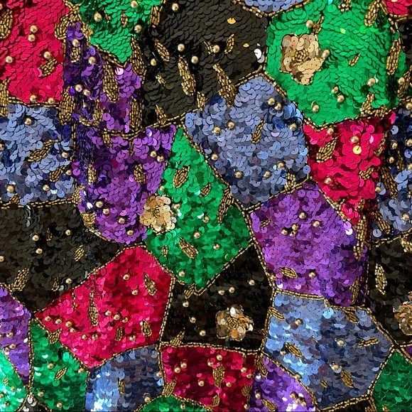 Vintage Black Tie Oleg Cassini Multi Colored Sequin Festival Top - Picture 4 of 4